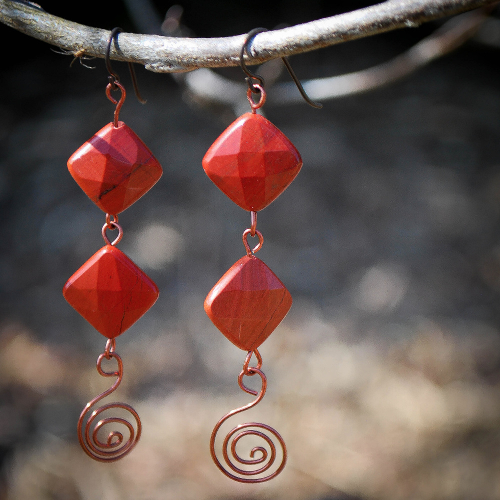 Handcrafted Red Jasper Spiral Boho Earrings - Picture 1 of 1